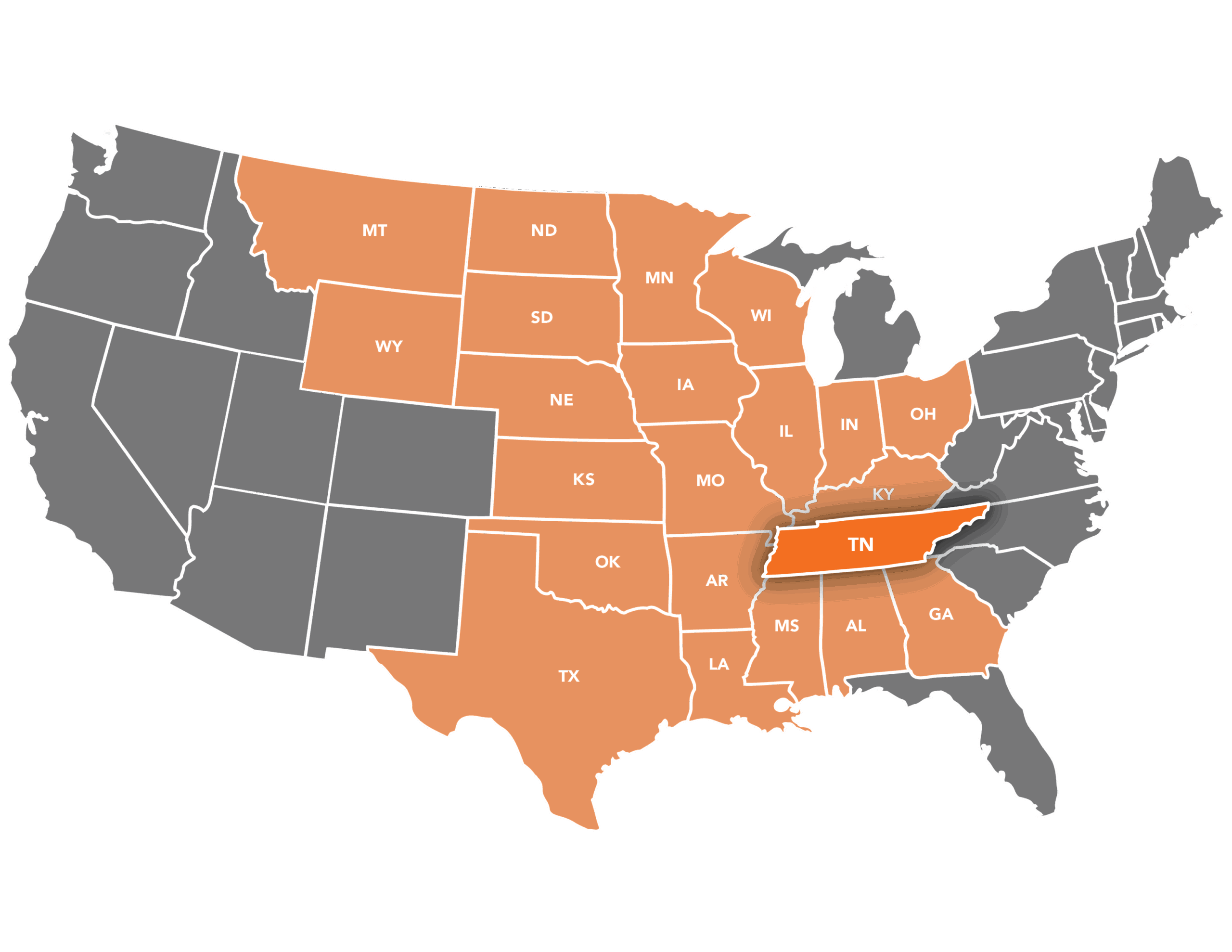 Map of the United States highlighting the 20+ states Midwest Land Group serves